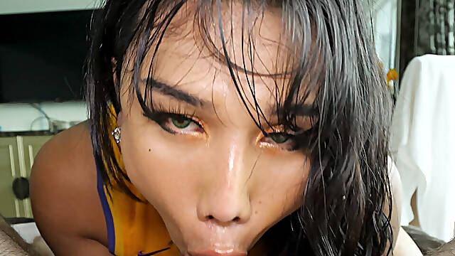 Thai Ladyboy Sucks Big Cock Deep