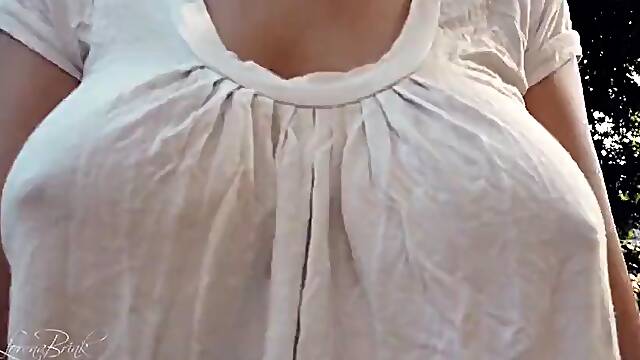 Braless bouncing boobs in shirt while walking and running 4