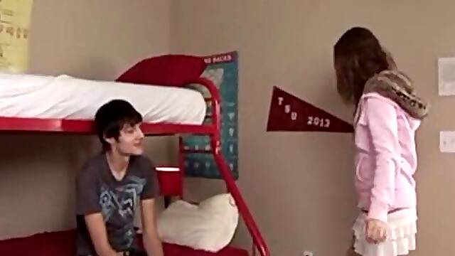 Flat chested t-girl fucks her schoolmate on the bunk bed
