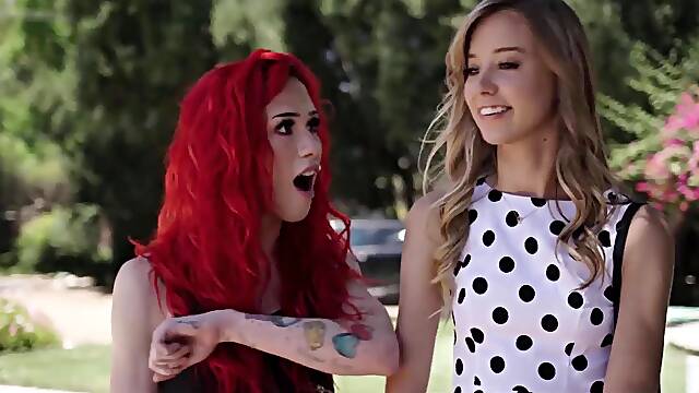 Haley Reed and TS Jenna Gargles tag team cock on house tour