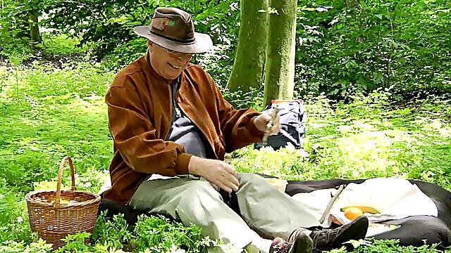 Sweet nymph in the woods lets this horny grandpa fuck her