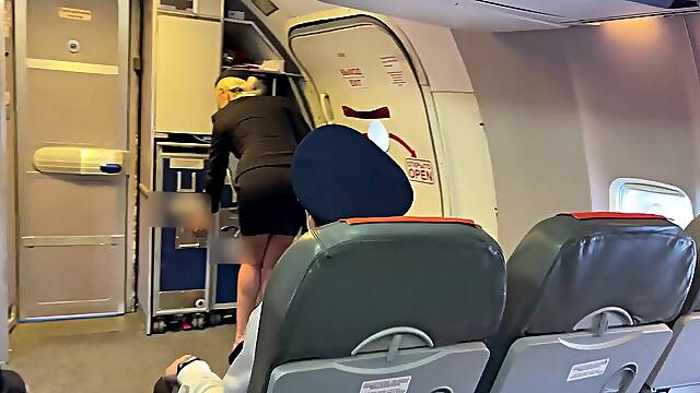 Married newcomer stewardess bang with the one and the other pilots during flight (double penetration)