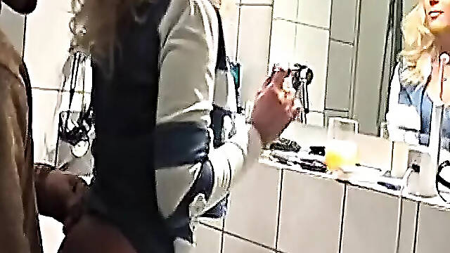 German blonde in white stockings fucked in the bathroom
