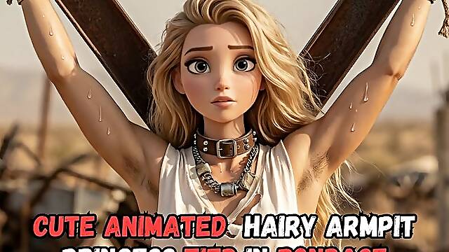Super cute animated hairy armpit princess so sexy she needs to be punished tied to a x frame in BDSM bondage fantasy struggle